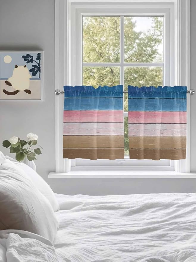 Blue Pink Brown Gradient Wood Grain Window Valance Curtains, Vintage Wood Board - Image 4