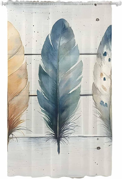 Sheer Curtains 108 Inches Long, Boho Blue Feathers Semi Sheer Curtains Light by Unknown