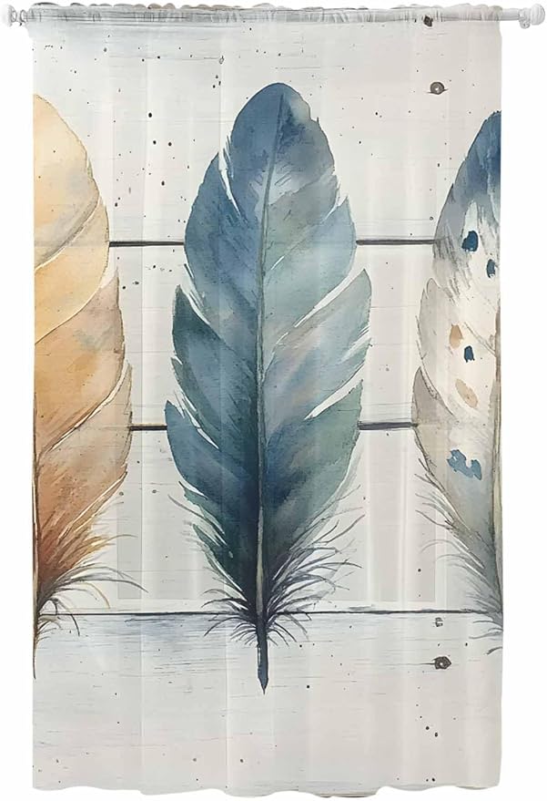 Sheer Curtains 96 Inches Long, Boho Blue Feathers Semi Sheer Curtains Light by Unknown