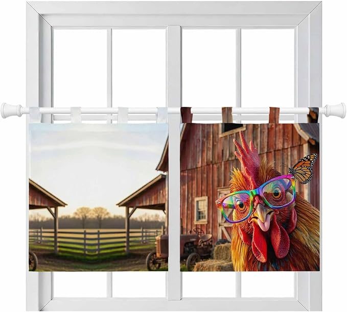 Farm Rooster Kitchen Curtains 24 Inch Length, Small Window Curtains Tab Top by Unknown