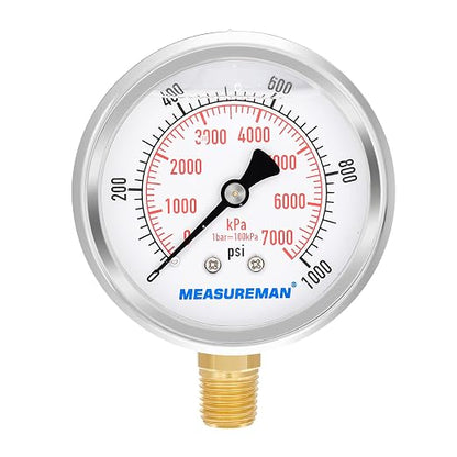 MEASUREMAN 2-1/2inch Dial Size, Liquid Filled Pressure Gauge, 0-1000psi/7000kpa by MEASUREMAN