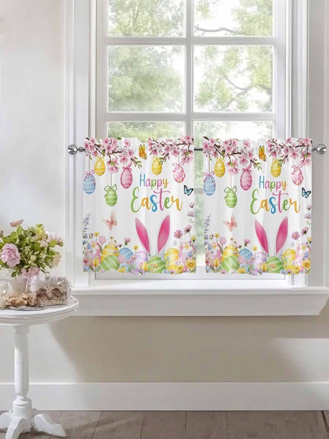 Happy Easter Half Window Curtains 24 Inches Long, Spring Watercolor Bunny Eggs - Image 7