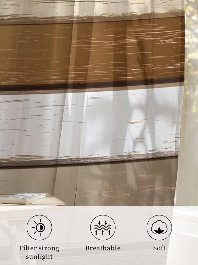 Sheer Curtains 63 Inch Length, Vintage Geometric Brown Semi Sheer Curtains - Image 6