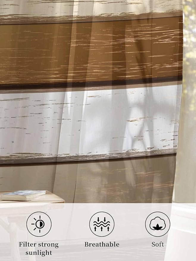 Sheer Curtains 45 Inch Length, Vintage Geometric Brown Semi Sheer Curtains - Image 6