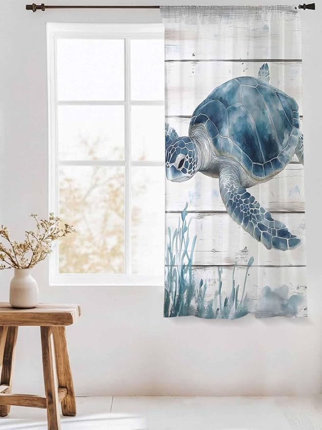 Sheer Curtains 72 Inches Long, Ocean Sea Turtle Semi Sheer Curtains Light - Image 3