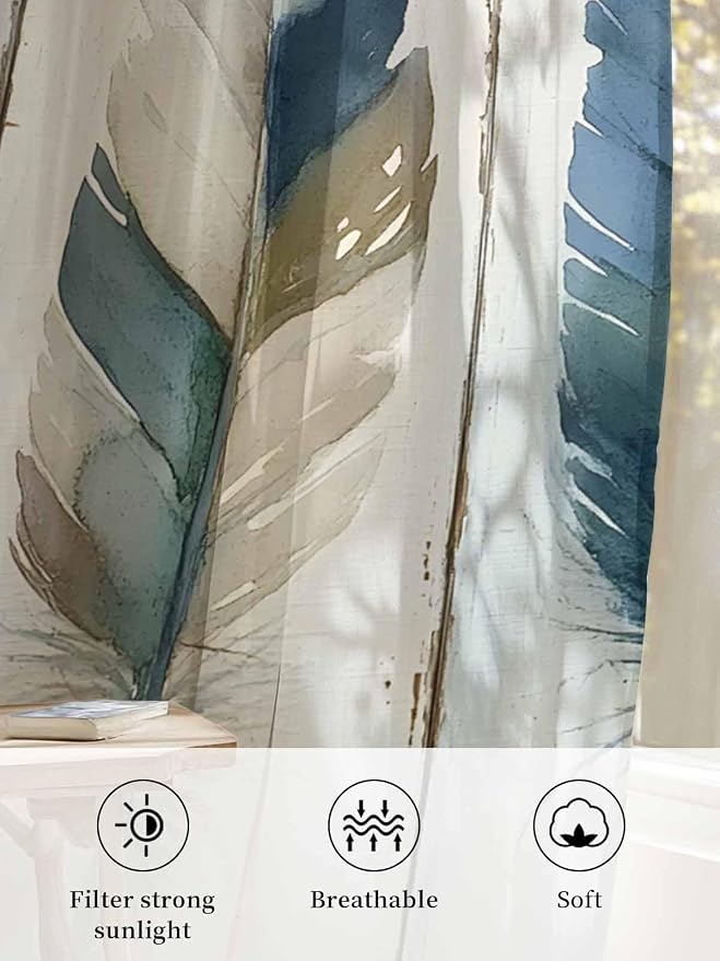Sheer Curtains 96 Inches Long, Boho Blue Feathers Semi Sheer Curtains Light - Image 6