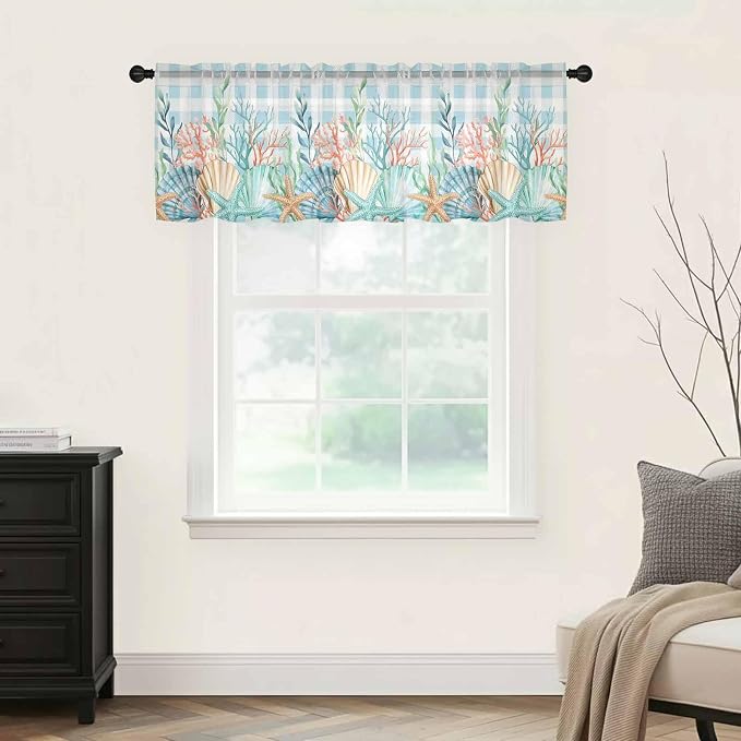 Summer Beach Sheer Valance Curtains, Ocean Colorful Coral Shell Seaweed - Image 5