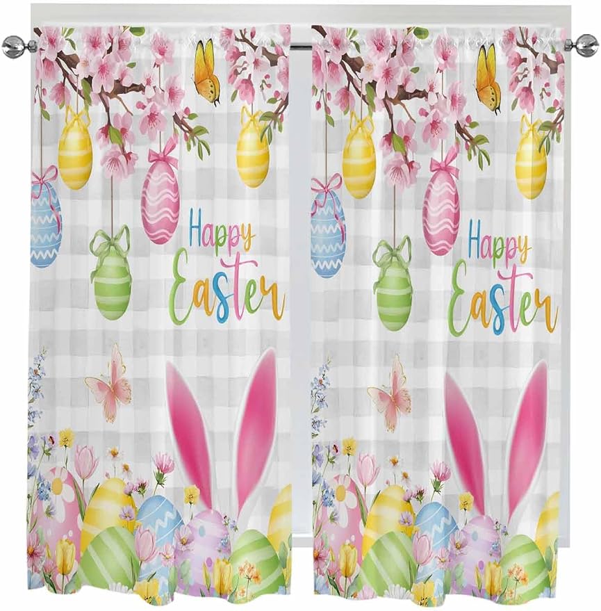 Happy Easter Bedroom Curtains 63 Inches length, Spring Watercolor Bunny Eggs by Unknown
