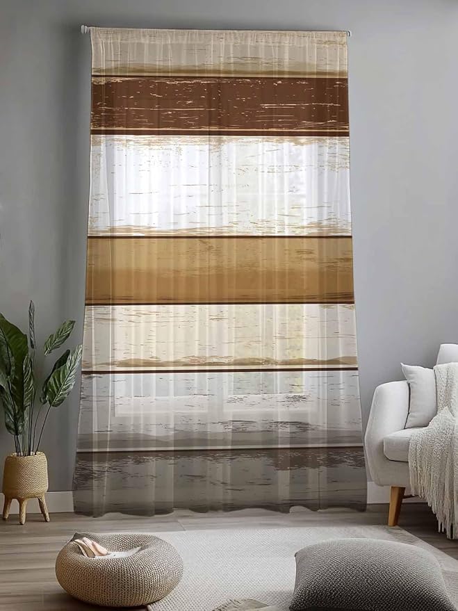 Sheer Curtains 84 Inches Long, Vintage Country Geometric Striped Privacy Voile - Image 2