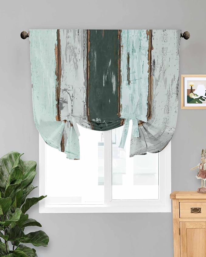 Tie Up Curtains for Windows, Vintage Wooden Retro Art Farmhouse Barns Room by Anzona