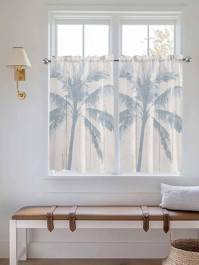 Summer Coconut Tree on Vintage Wood Grain Window Valance Curtains, Seaside by IDOWMAT