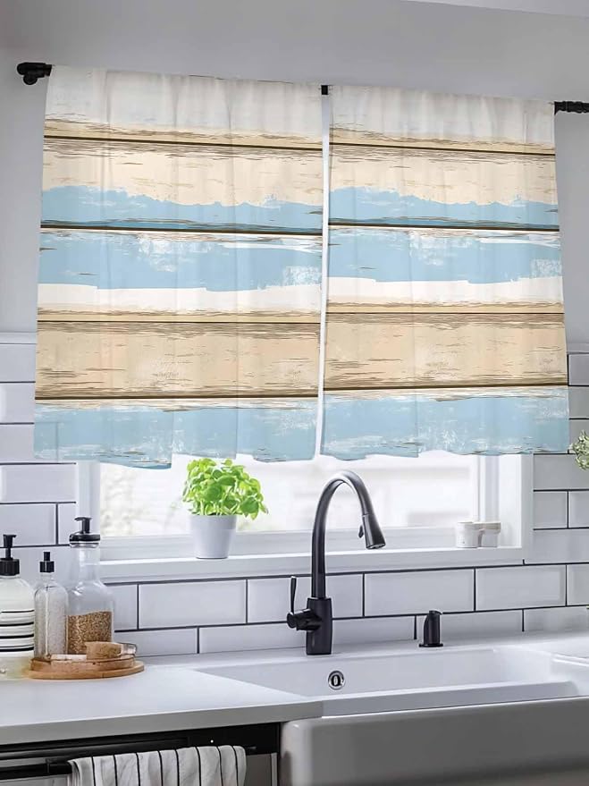 Sheer Curtains 45 Inch Length, Vintage Geometric Blue Semi Sheer Curtains Light - Image 5