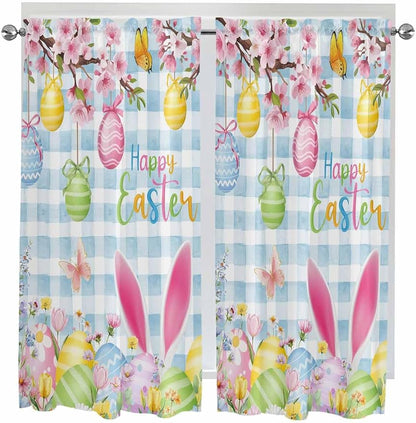 Happy Easter Bedroom Curtains 63 Inches length, Spring Watercolor Bunny Eggs by Unknown