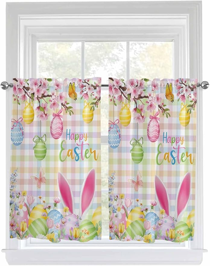 Happy Easter Kitchen Curtains 45 Inches length, Spring Bunny Colorful Eggs by Unknown