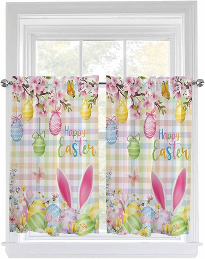 Happy Easter Tier Curtains 45 Inches Long, Spring Bunny Colorful Eggs Flower by Unknown