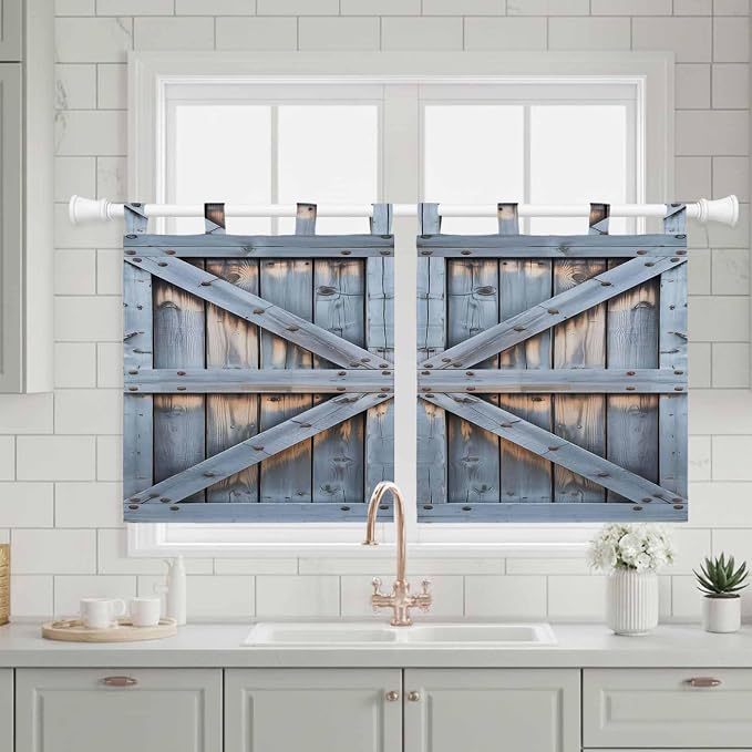 Farmhouse Wood Grain Kitchen Curtains 36 Inch Length, Small Window Curtains Tab - Image 3