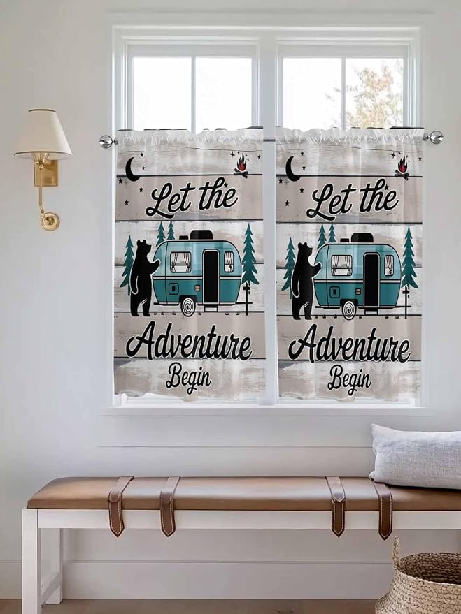 Farmhouse Bear Camper Van Tree Window Valance Curtains, Vintage Wood Grain - Image 3