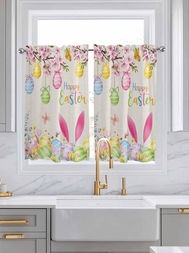 Happy Easter Kitchen Curtains 45 Inches length, Spring Farmhouse Bunny Eggs - Image 3