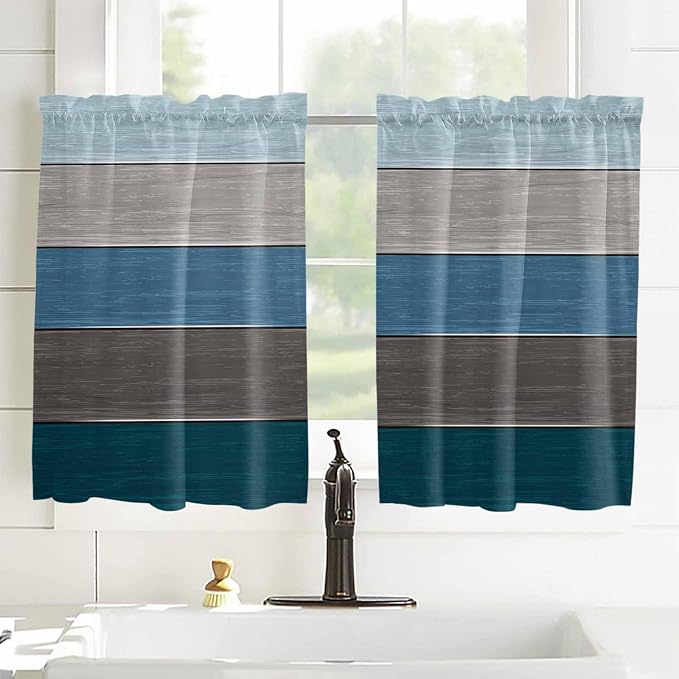 Retro Farm Blue Gray Wood Grain Window Valance Curtains, Rustic Wooden Plank - Image 4