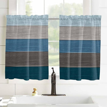 Retro Farm Blue Gray Wood Grain Window Valance Curtains, Rustic Wooden Plank - Image 2