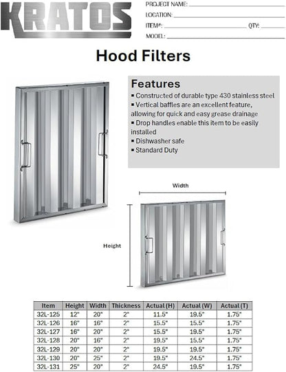 Kratos Commercial Hood Filter 25" x 20" x 2", Stainless Steel - Image 3