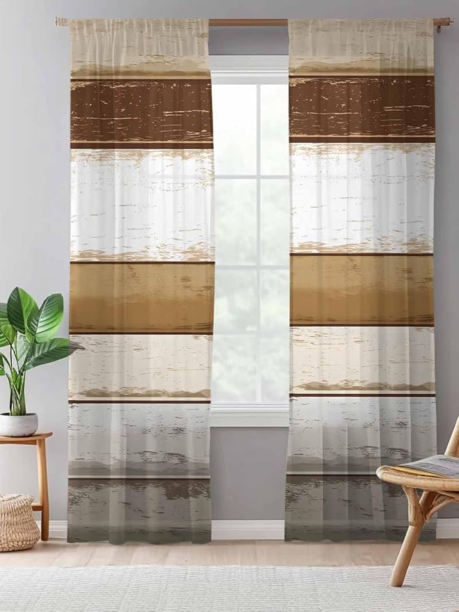 Sheer Curtains 96 Inches Long, Vintage Country Geometric Striped Privacy Voile - Image 5