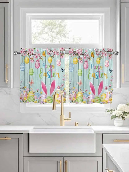 Happy Easter Half Window Curtains 24 Inches Long, Spring Bunny Eggs Flower Teal - Image 3