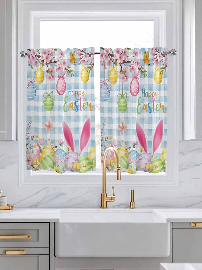 Happy Easter Kitchen Curtains 54 Inches length, Spring Watercolor Bunny Eggs - Image 3