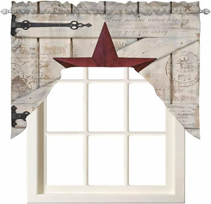 Village Stars Swag Kitchen Curtains Valance and Tier Set, Vintage Dark Red Star - Image 7