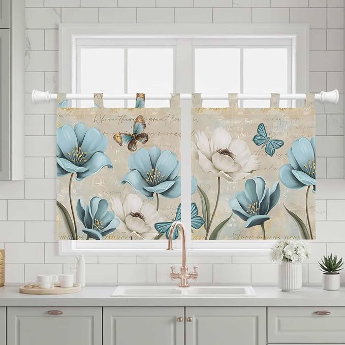 Spring Flowers Kitchen Curtains 36 Inch Length, Small Window Curtains Tab Top - Image 3