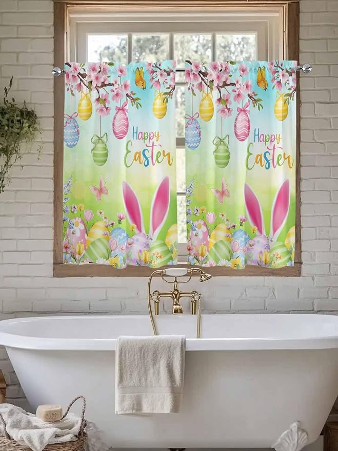 Easter Tier Curtains 45 Inches Long, Spring Bunny Colorful Rabbit Eggs - Image 7