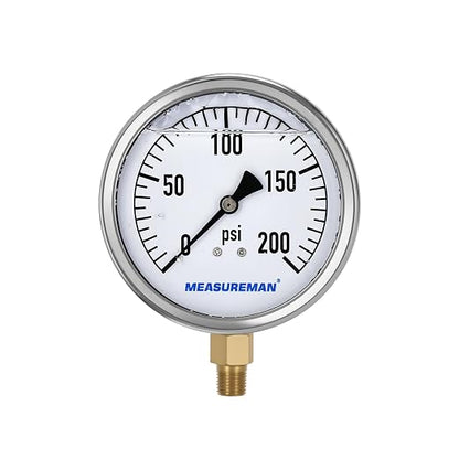 MEASUREMAN Glycerin Filled Plumbing Pressure Gauge 0-200psi Stainless Steel Case by MEASUREMAN