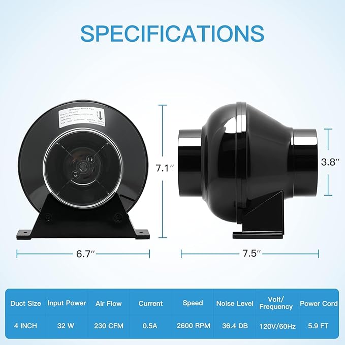 iPower 4 Inch 195 CFM Inline Fan Circulation Vent Blower, Upgrade 4" Air Carbon - Image 4