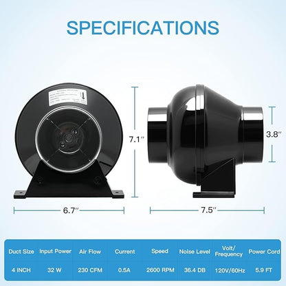 iPower 4 Inch 195 CFM Inline Fan Circulation Vent Blower, Upgrade 4" Air Carbon - Image 4