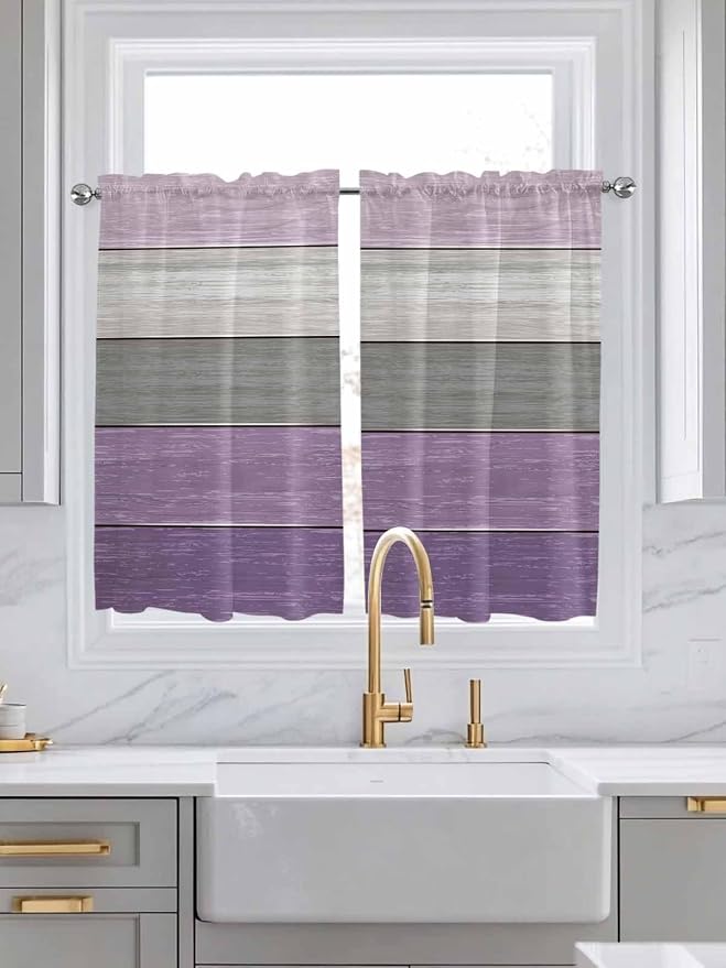 Country Wood Board Gray Purple Window Valance Curtains, Farmhouse Gradient - Image 2