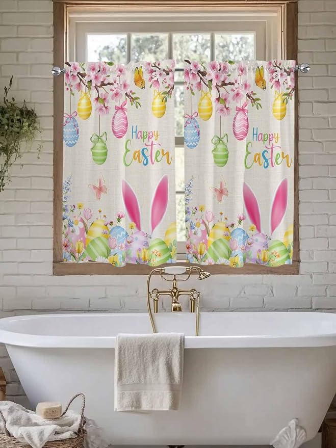 Happy Easter Kitchen Curtains 45 Inches length, Spring Farmhouse Bunny Eggs - Image 7