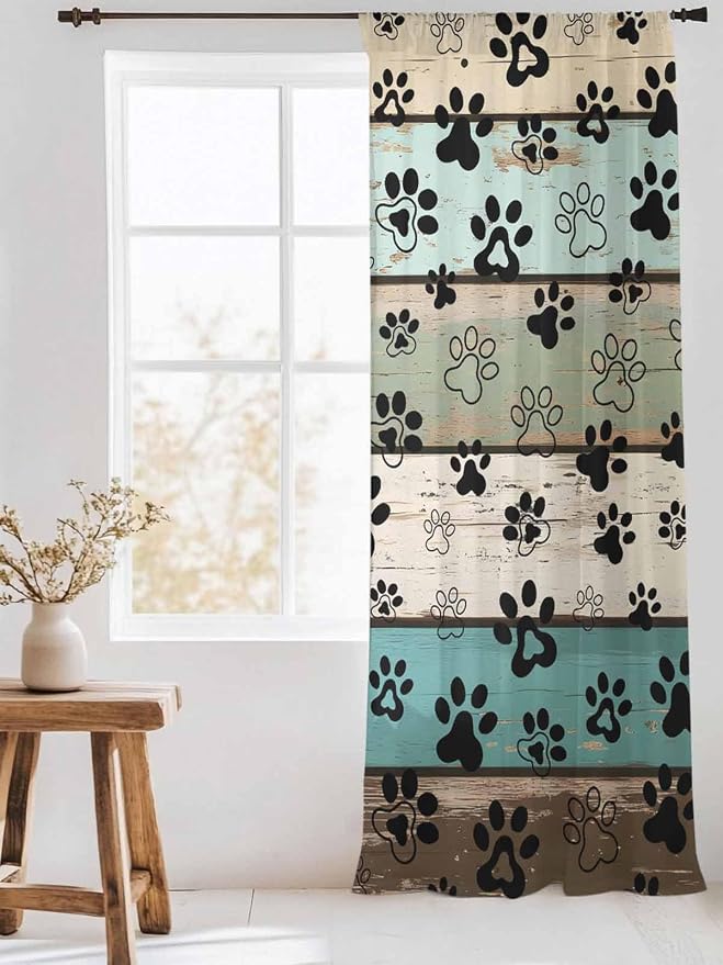 Sheer Curtains 84 Inches Long, Sage Green Brown Paw Prints Semi Sheer Curtains - Image 3