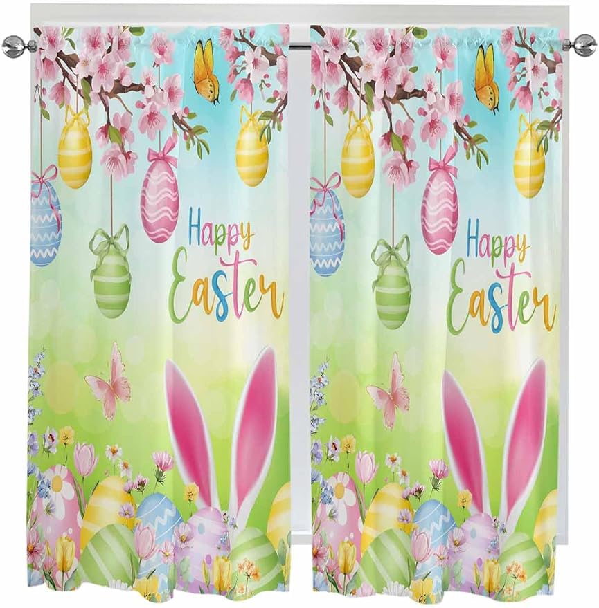 Easter Bedroom Curtains 63 Inches length, Spring Bunny Colorful Rabbit Eggs by Unknown