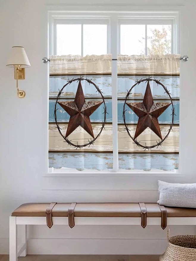 Vintage Western Star on Wood Grain Window Valance Curtains, Retro Wooden - Image 2