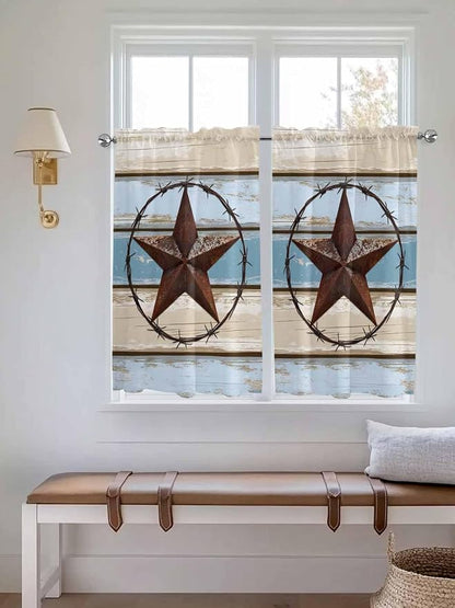 Vintage Western Star on Wood Grain Window Valance Curtains, Retro Wooden - Image 2