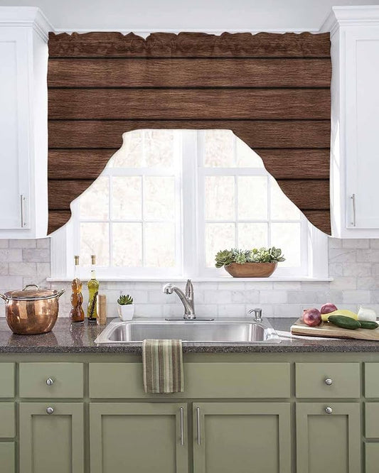 Brown Wooden Board Swag Kitchen Curtains Valance and Tier Set, Vintage Wood - Image 2