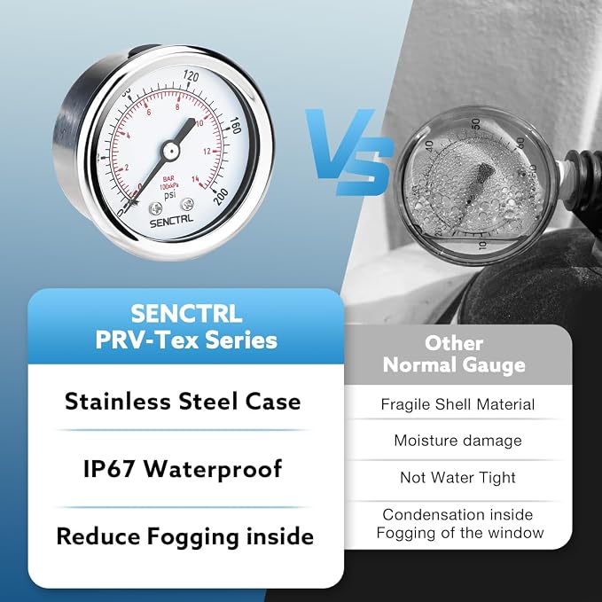 SENCTRL 200 Psi Pressure Gauge, 1/4 NPT Back Mount, Waterproof, Stainless Steel - Image 3
