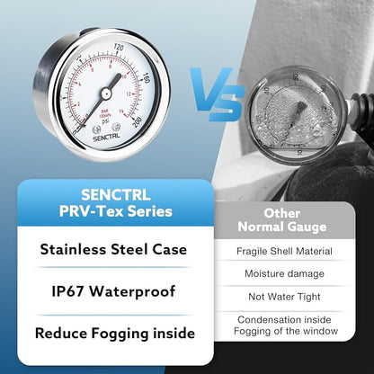 SENCTRL 200 Psi Pressure Gauge, 1/4 NPT Back Mount, Waterproof, Stainless Steel - Image 3