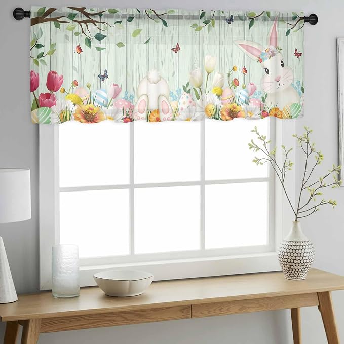 Easter Sheer Valances for Windows 54"x18", Light Filtering Kitchen Curtains - Image 2