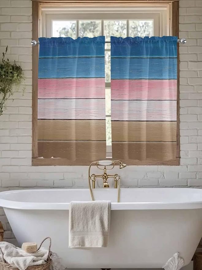 Blue Pink Brown Gradient Wood Grain Window Valance Curtains, Vintage Wood Board - Image 6