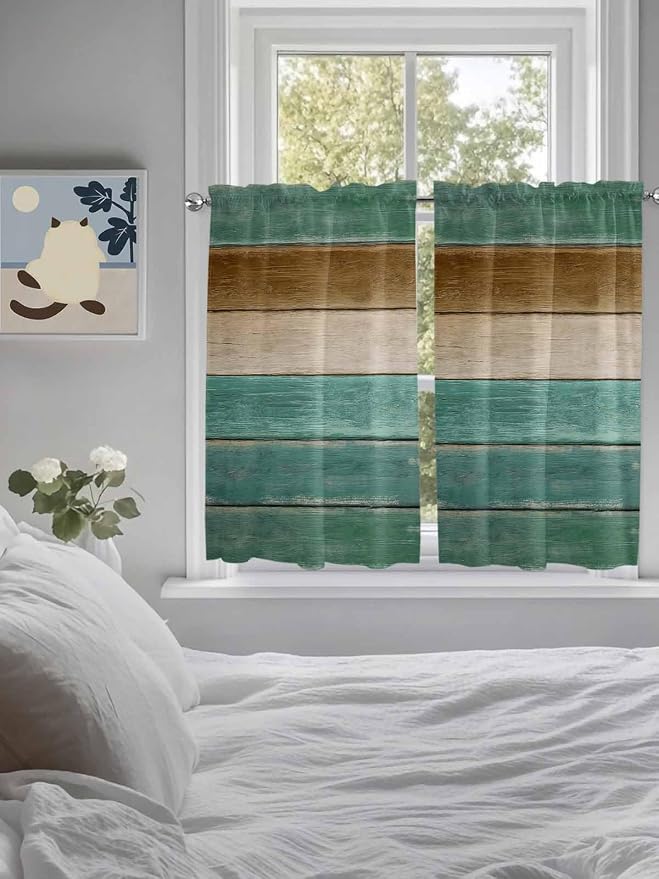 Vintage Plank Turquoise Brown Window Valance Curtains, Farmhouse Wood Grain - Image 4