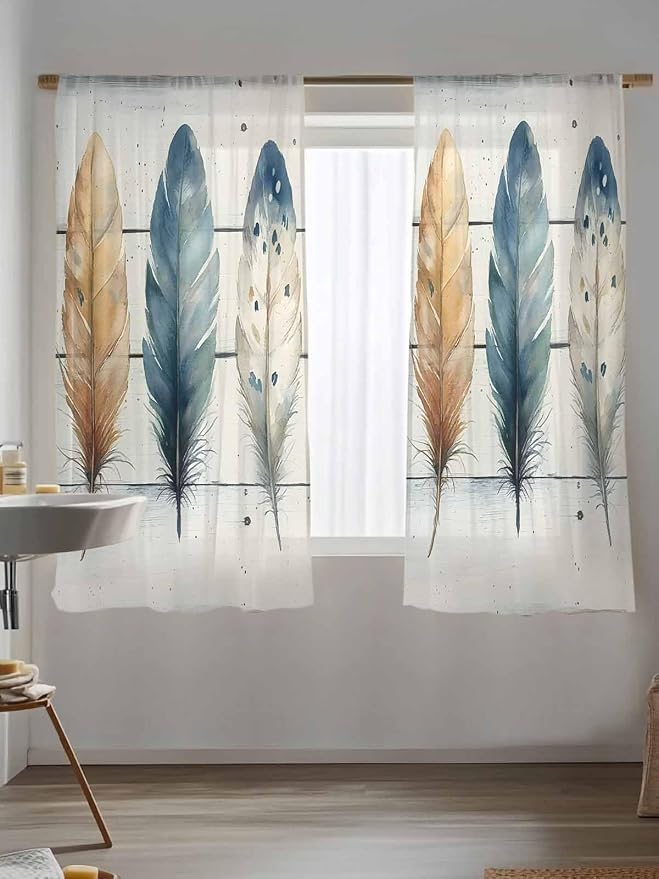 Sheer Curtains 72 Inches Long, Boho Blue Feathers Semi Sheer Curtains Light - Image 5