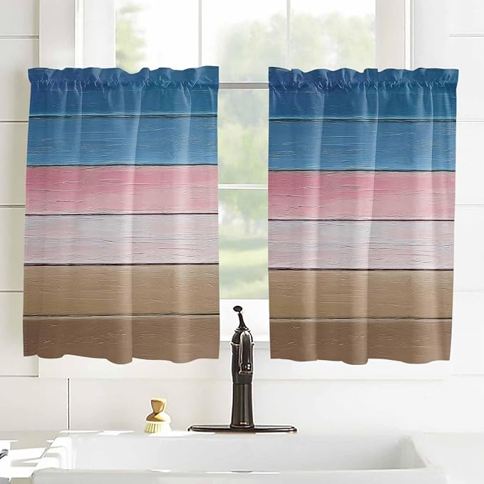 Blue Pink Brown Gradient Wood Grain Window Valance Curtains, Vintage Wood Board - Image 8