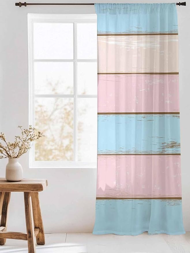 Sheer Curtains 108 Inches Long, Farmhouse Country Shabby Striped Privacy Voile - Image 3