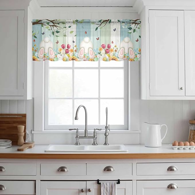 Easter Sheer Valances for Windows 54"x18", Light Filtering Kitchen Curtains - Image 3